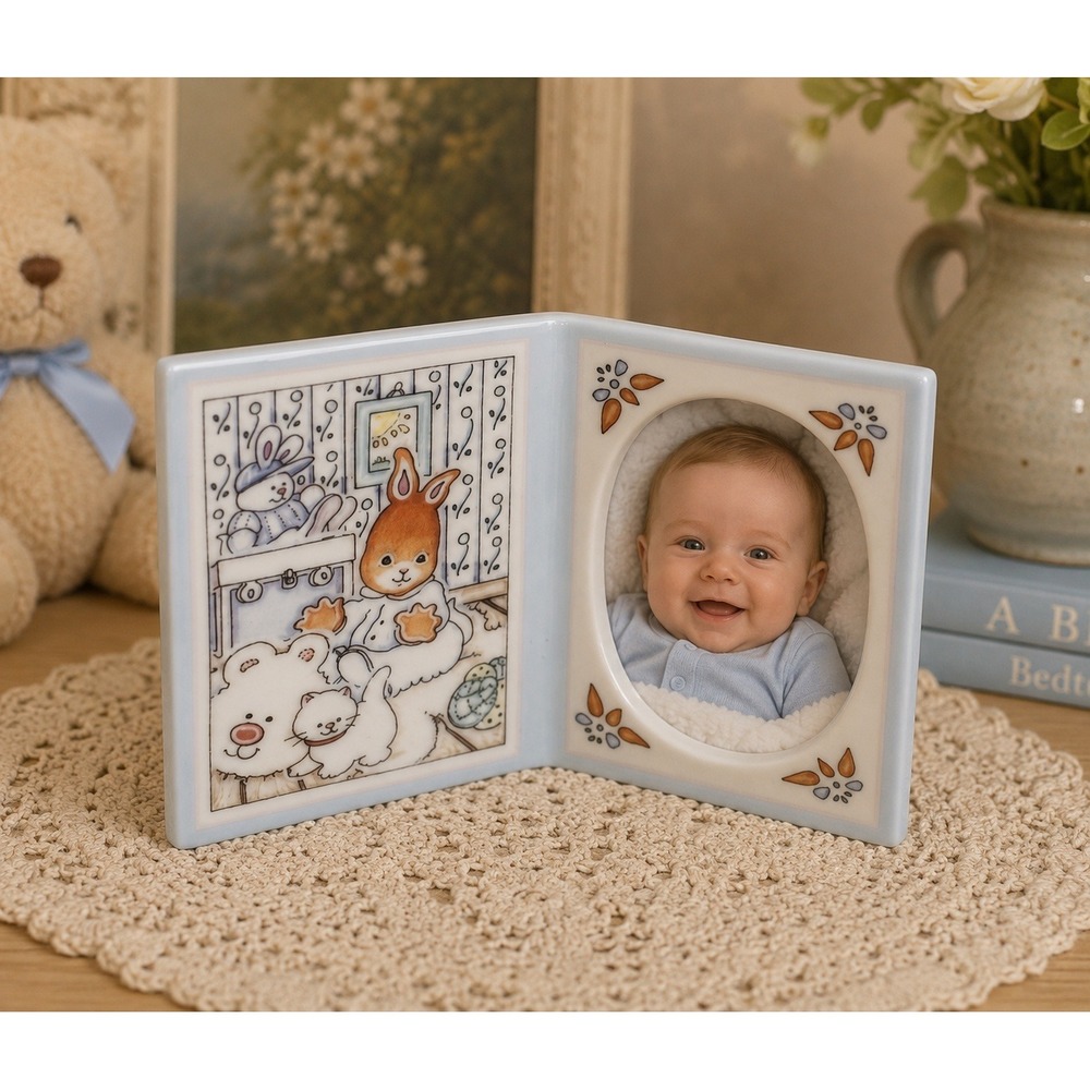 Vintage 1993 Roman Inc Cara Licensing Ceramic Nursery Bunny Cat Picture Frame
